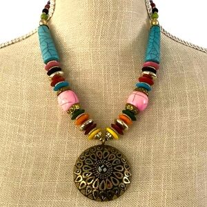 Moroccan Colorful Bead Necklace with Matte Gold-tone Medallion Costume Jewelry